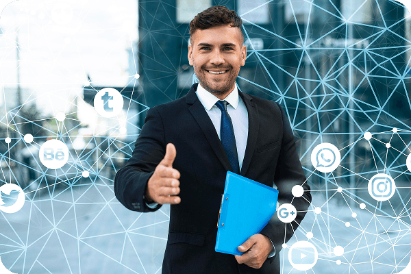 Professional giving thumbs up in a modern tech setting